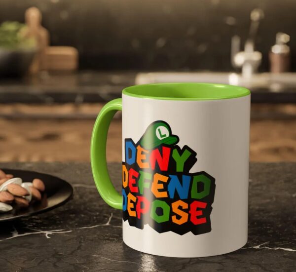 Deny Defend Depose Green Super Bro Coffee Mug with Luigi Hat