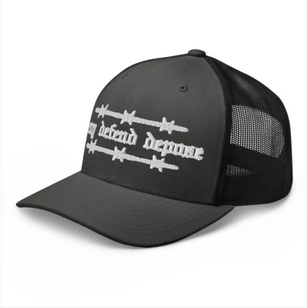 Deny Defend Depose Olde English Barbed Trucker Hat